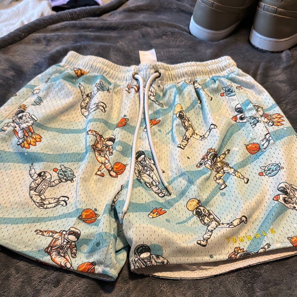 YoungLA Astronaut Graphic Shorts - Light Blue and White